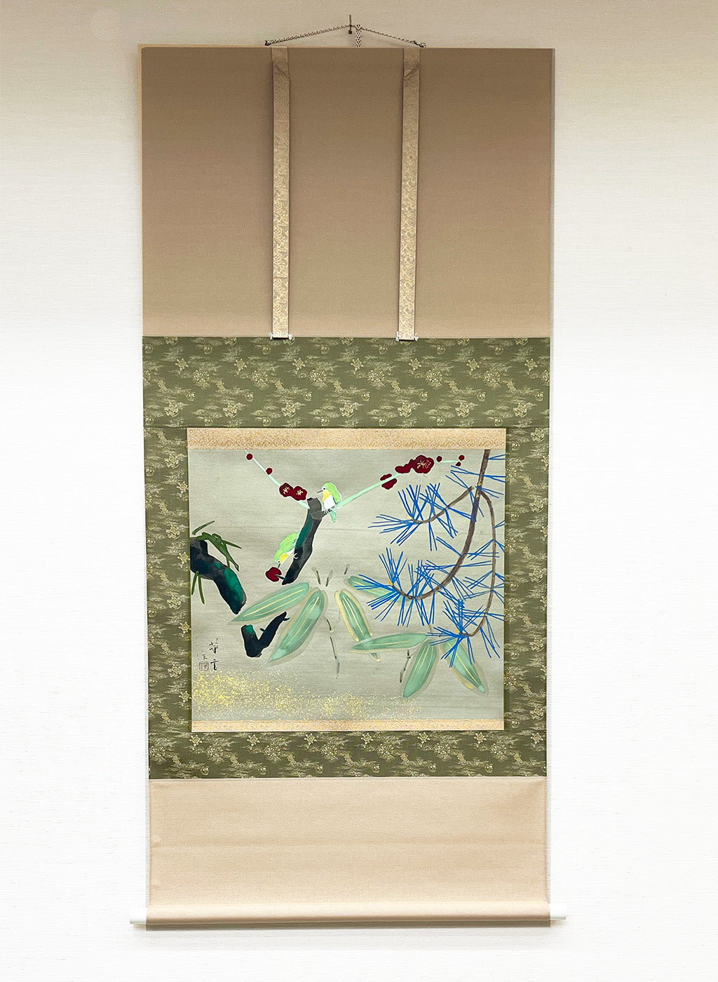 Japanese Hanging Scroll Kakejiku Painted byby Shinji Kouno "7. Shochikubai (Pine, Bamboo, and Plum)"