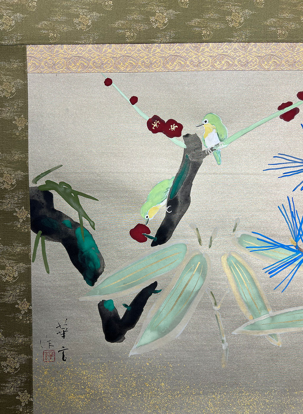 Japanese Hanging Scroll Kakejiku Painted byby Shinji Kouno "Shochikubai (Pine, Bamboo, and Plum)" (OKJ 107)