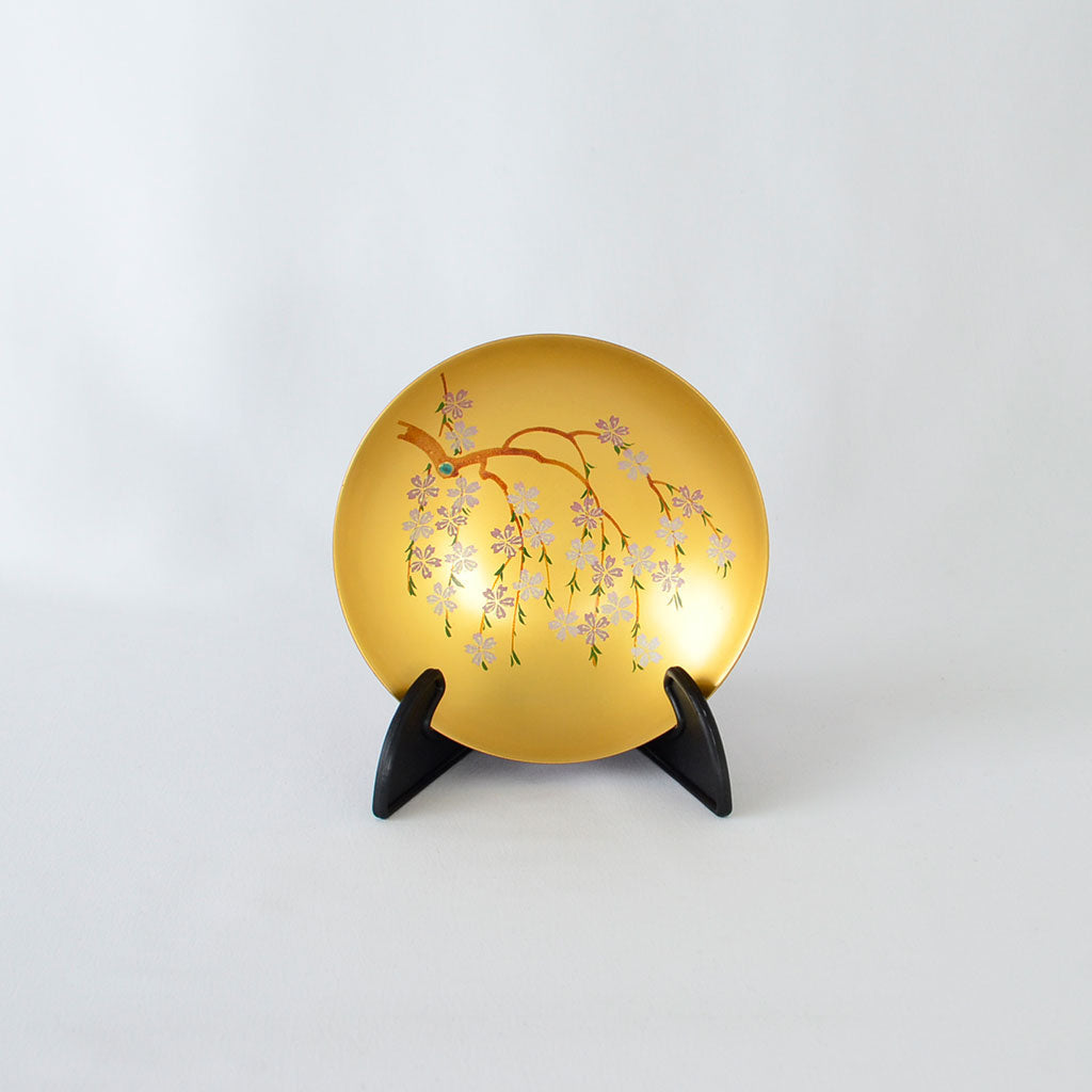 Sakazuki Cup with Vermilion and Gold Interior, Weeping Cherry Blossom Aizu lacquerware