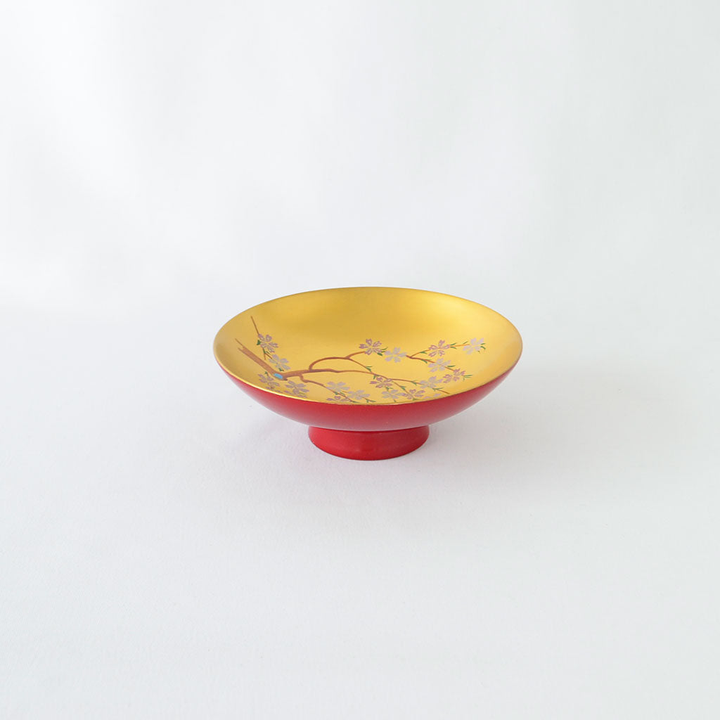 Sakazuki Cup with Vermilion and Gold Interior, Weeping Cherry Blossom Aizu lacquerware