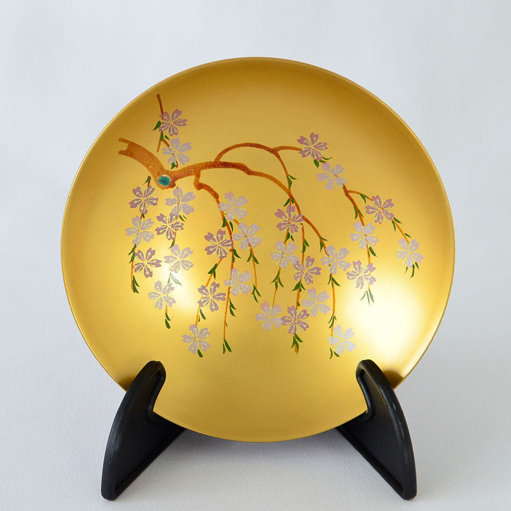 Sakazuki Cup with Vermilion and Gold Interior, Weeping Cherry Blossom Aizu lacquerware