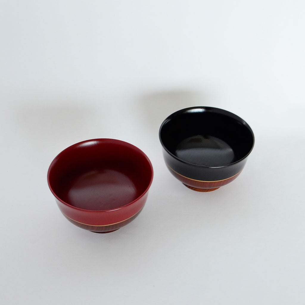 Lacquered Wooden Soup Bowl Set of 2p "Sho" with Gold Line Accents Yamanaka lacquerware
