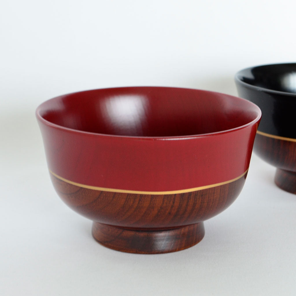 Lacquered Wooden Soup Bowl Set of 2p "Sho" with Gold Line Accents Yamanaka lacquerware