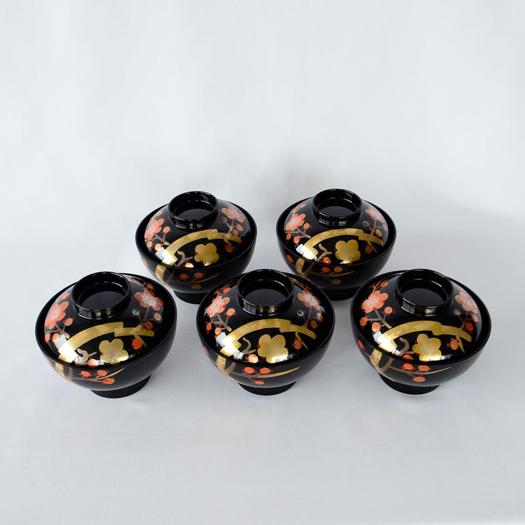 Kobai Set of 5 Soup Bowls Aizu lacquerware