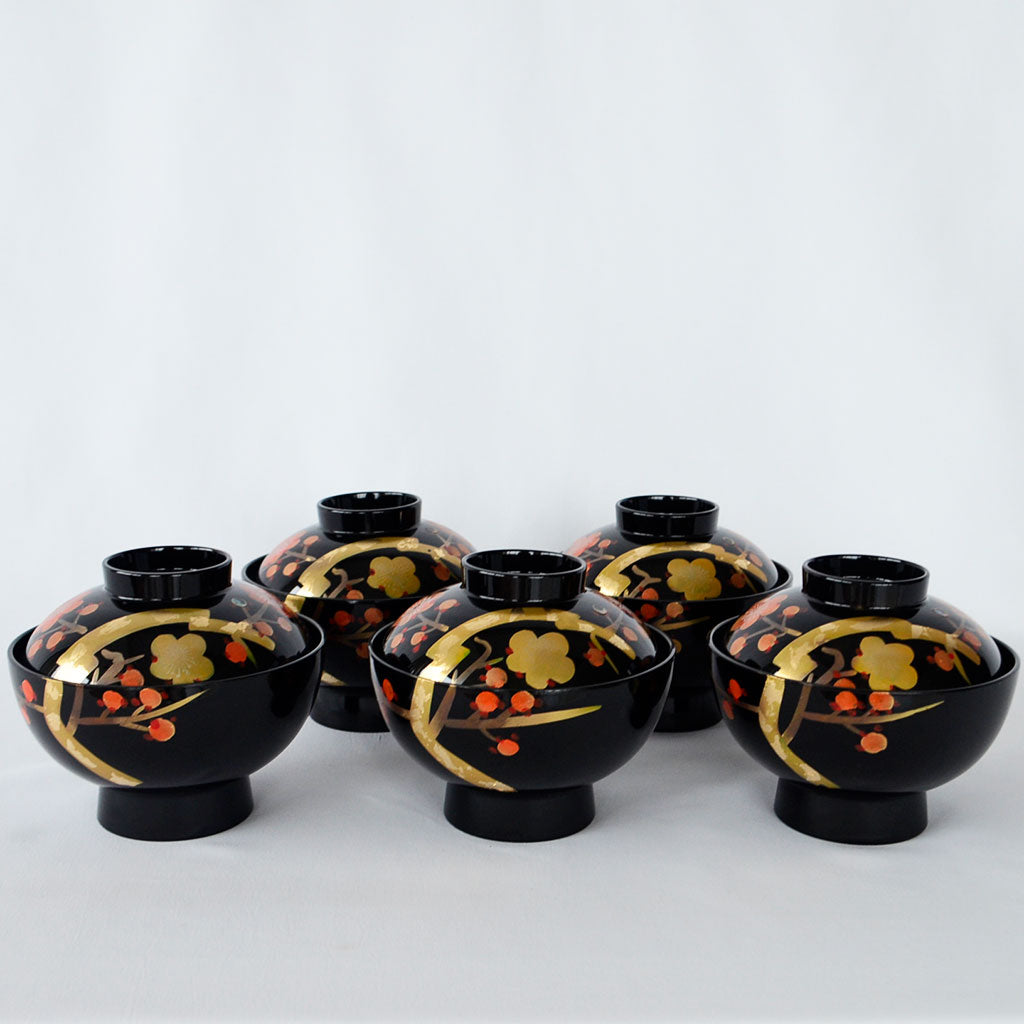 Kobai Set of 5 Soup Bowls Aizu lacquerware