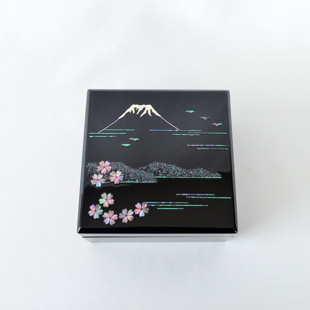 Medium Lacquerware Box with Raden "Mt. Fuji and Cherry Blossoms"
