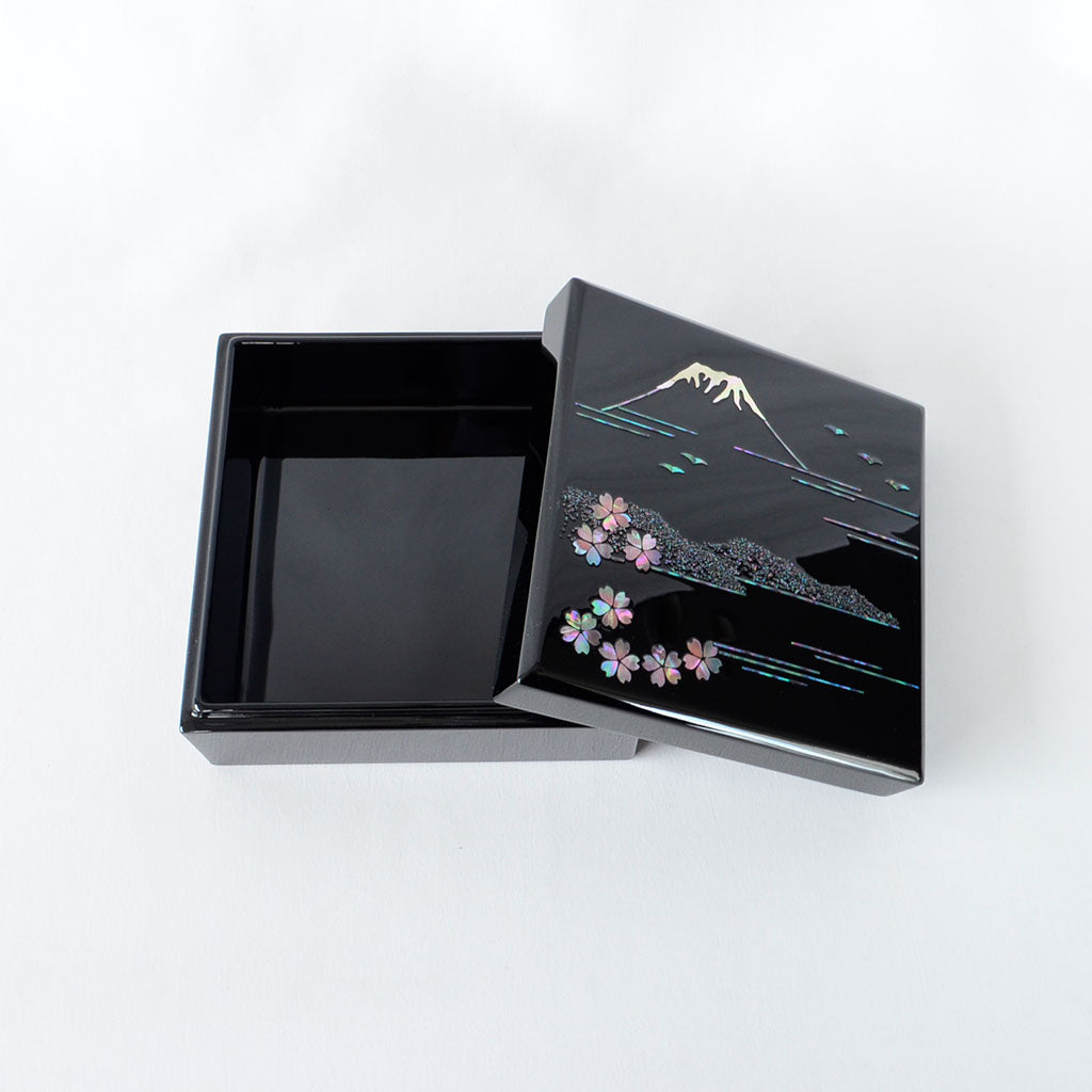 Medium Lacquerware Box with Raden "Mt. Fuji and Cherry Blossoms"