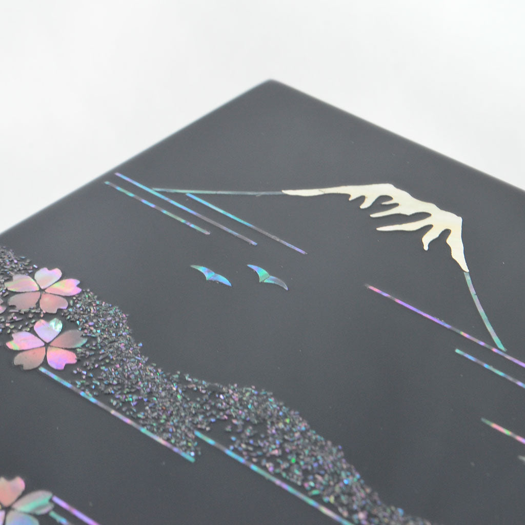 Medium Lacquerware Box with Raden "Mt. Fuji and Cherry Blossoms"