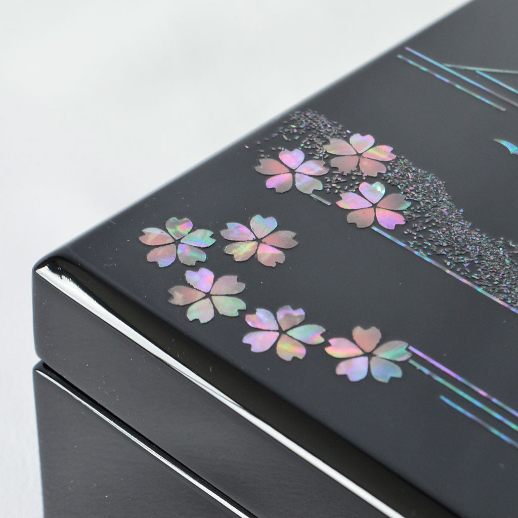 Medium Lacquerware Box with Raden "Mt. Fuji and Cherry Blossoms"