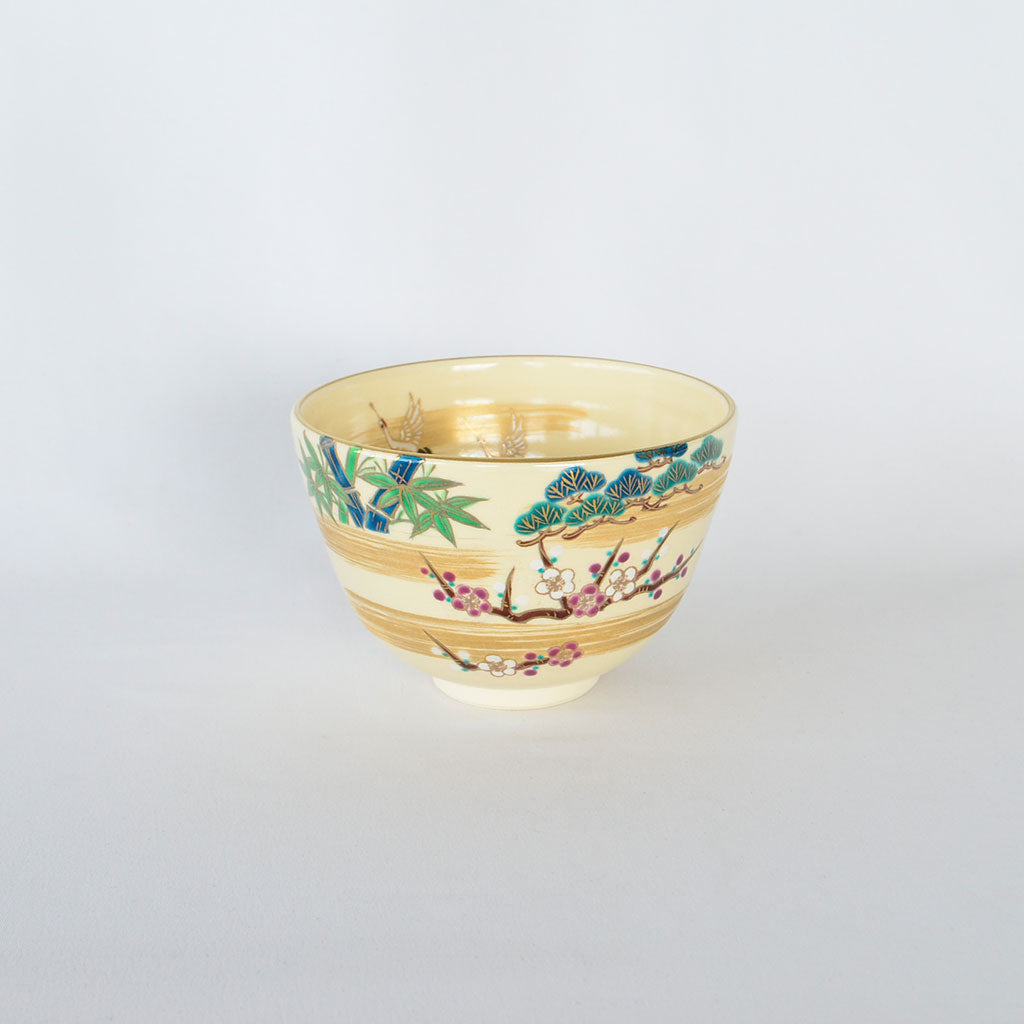 Kiyomizu Matcha Tea Bowl "Ninsei Crane, Pine, Bamboo and Plum"