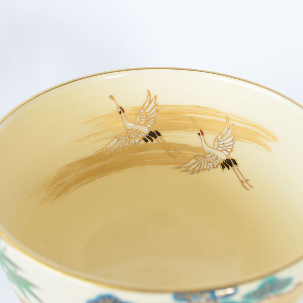 Kiyomizu Matcha Tea Bowl "Ninsei Crane, Pine, Bamboo and Plum"