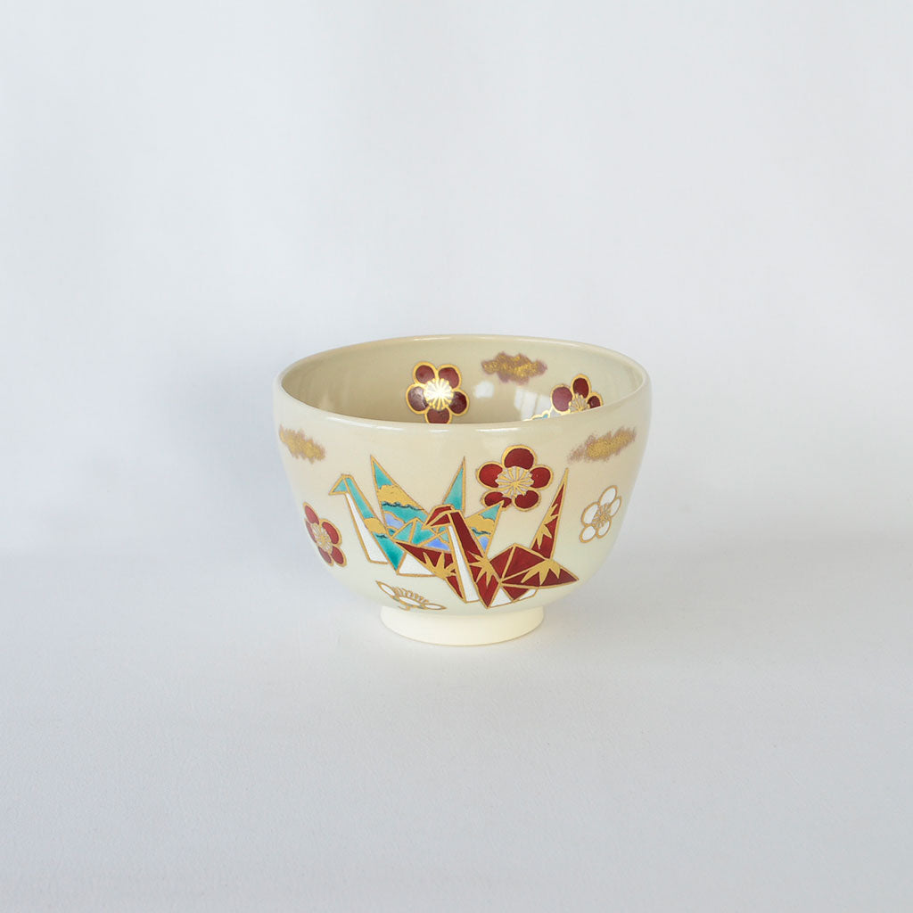 Kiyomizu Matcha Tea Bow with Gold-Decorated Origami Cranes