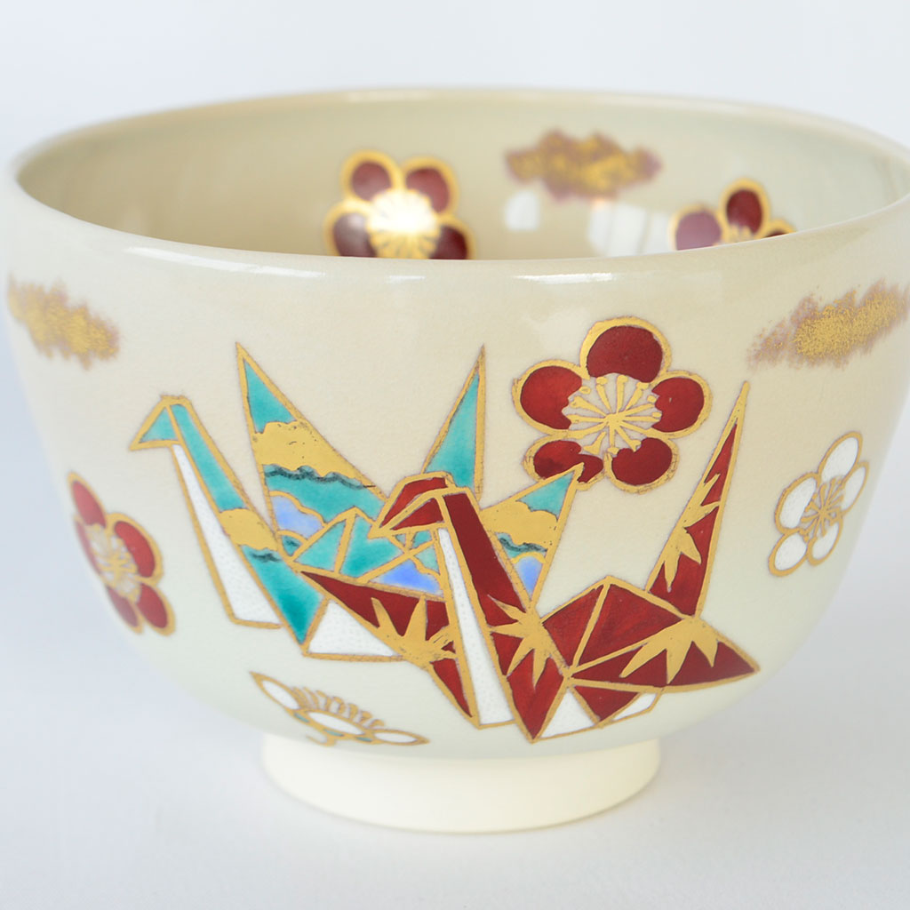 Kiyomizu Matcha Tea Bow with Gold-Decorated Origami Cranes