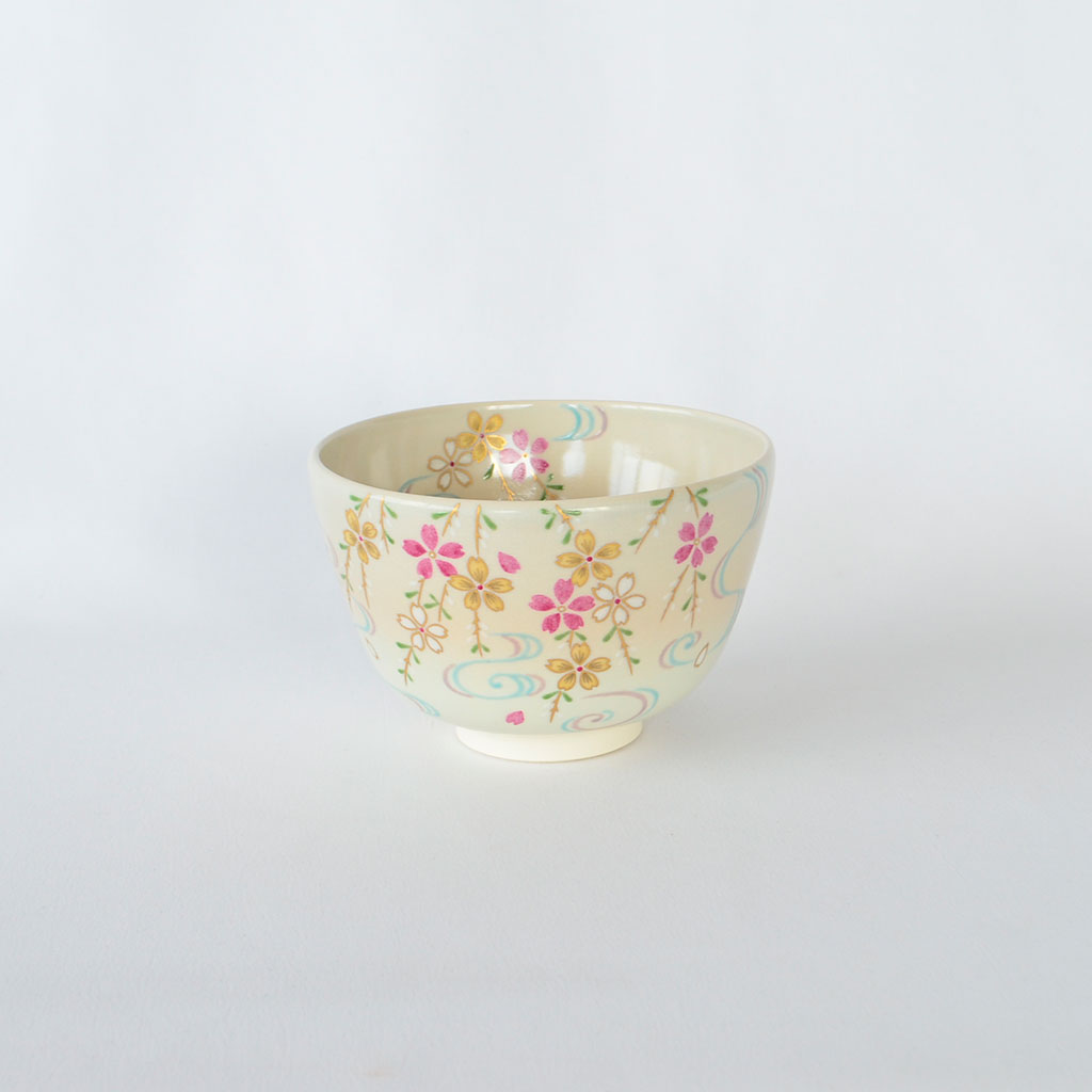 Kiyomizu Ware Matcha Bowl with Cherry Blossoms and Flowing Water Design