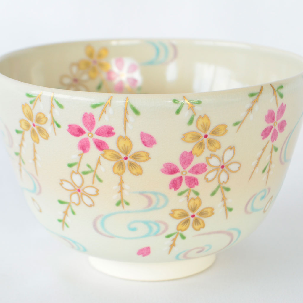 Kiyomizu Ware Matcha Bowl with Cherry Blossoms and Flowing Water Design