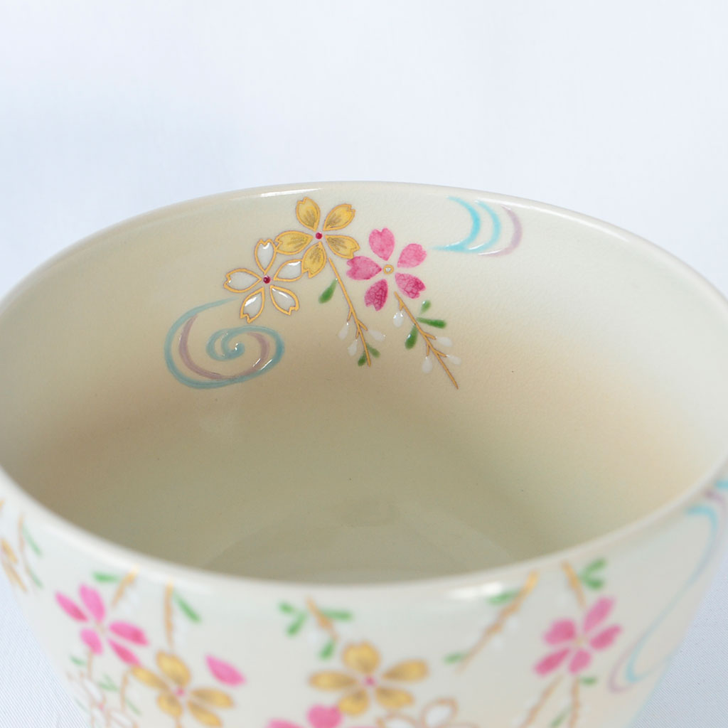Kiyomizu Ware Matcha Bowl with Cherry Blossoms and Flowing Water Design