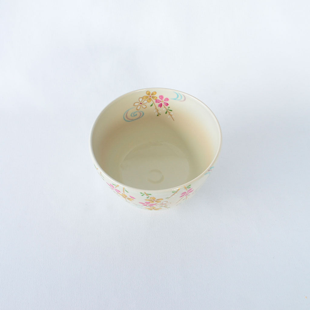 Kiyomizu Ware Matcha Bowl with Cherry Blossoms and Flowing Water Design