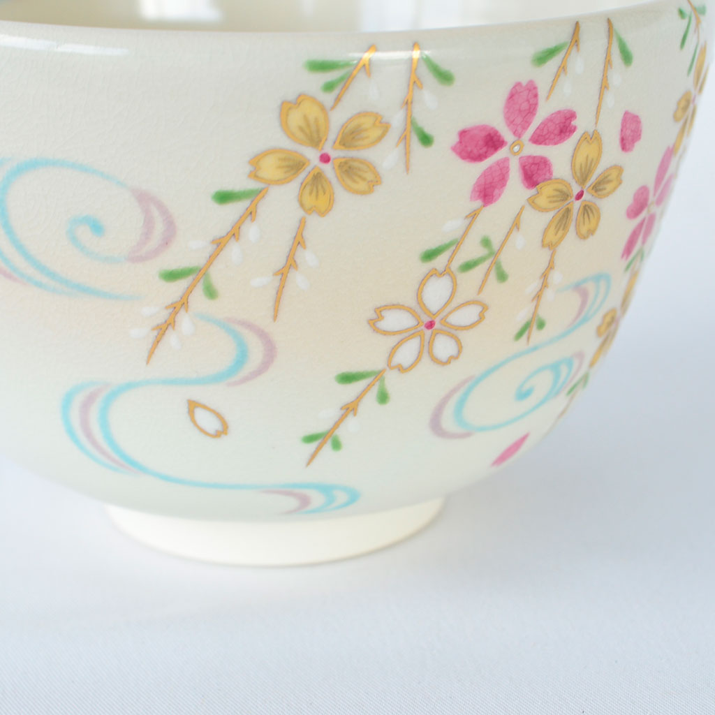 Kiyomizu Ware Matcha Bowl with Cherry Blossoms and Flowing Water Design