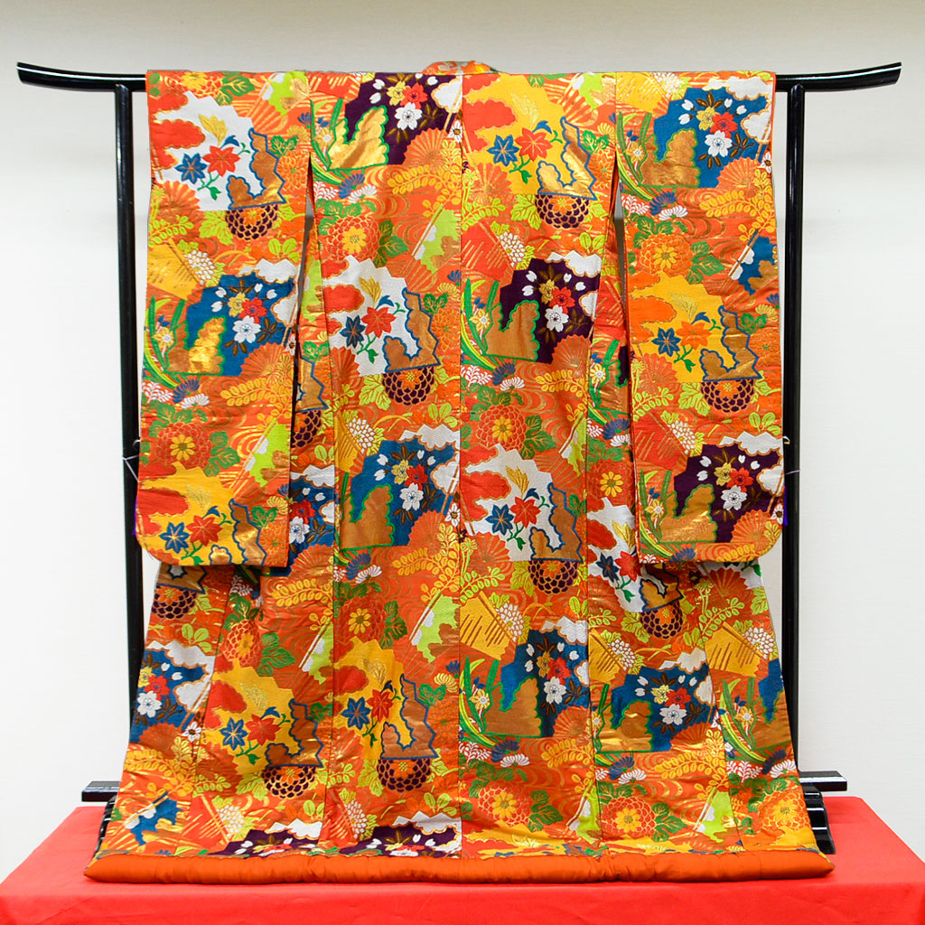 Uchikake Wedding Kimono 400 "Orange with Fans & Seasonal Flowers" (Vintage)