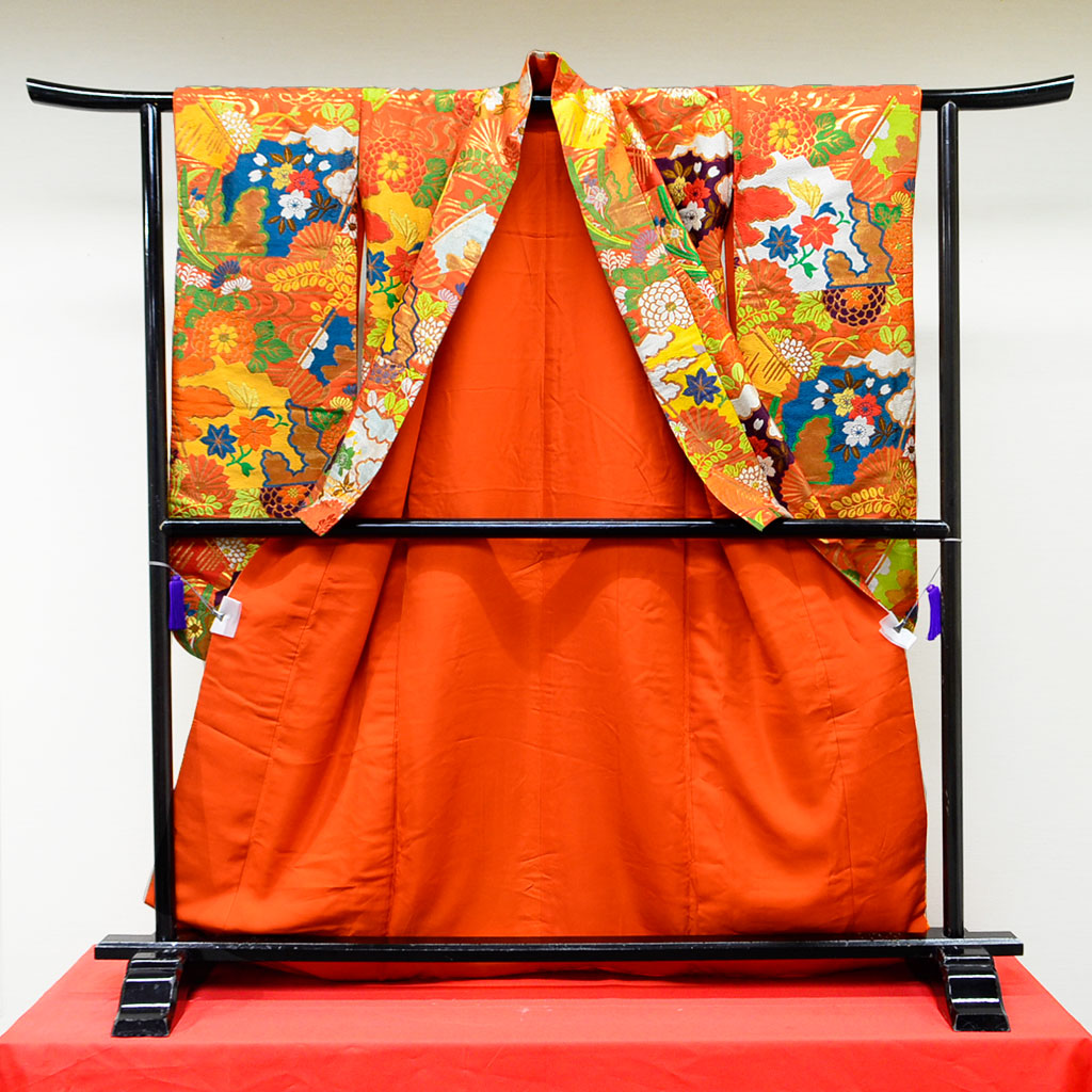 Uchikake Wedding Kimono 400 "Orange with Fans & Seasonal Flowers" (Vintage)