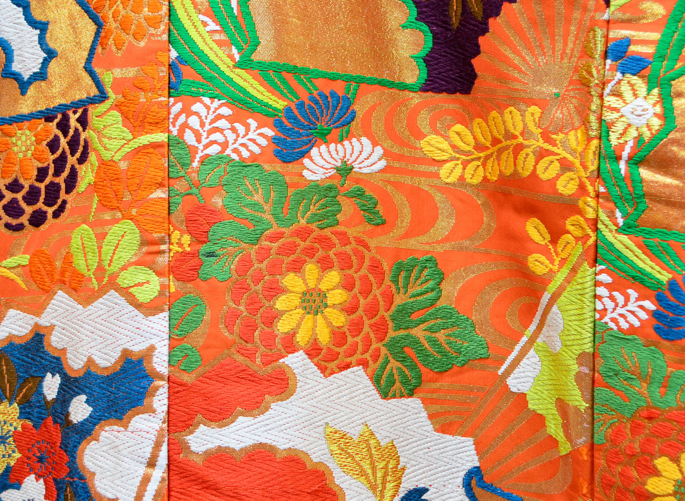 Uchikake Wedding Kimono 400 "Orange with Fans & Seasonal Flowers" (Vintage)