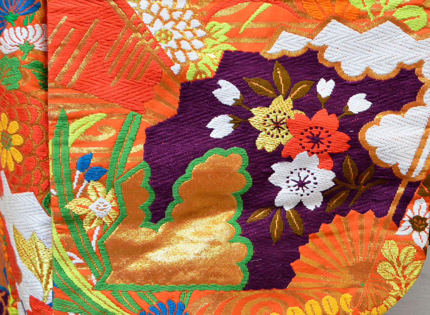 Uchikake Wedding Kimono 400 "Orange with Fans & Seasonal Flowers" (Vintage)