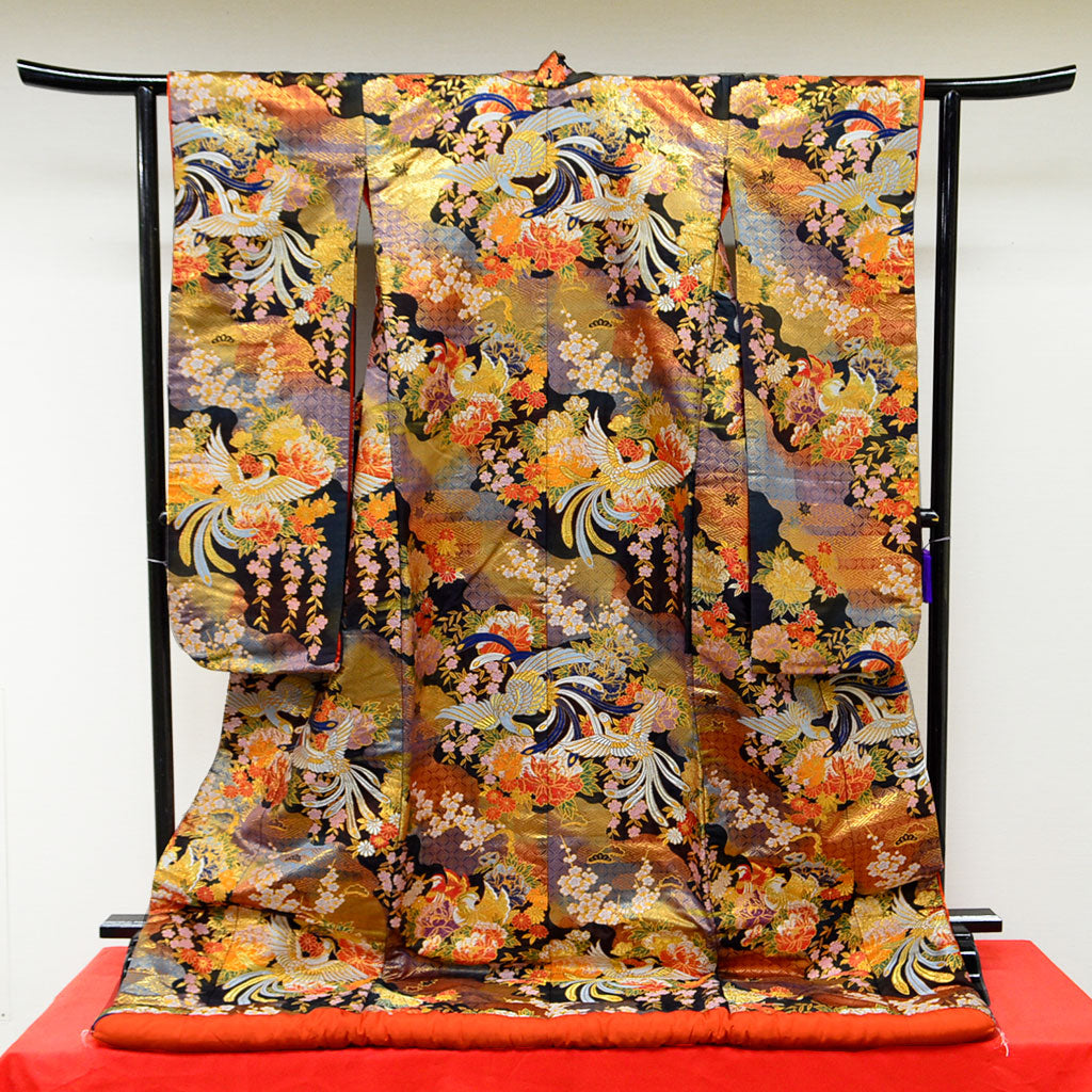 Uchikake Wedding Kimono 600 "Navy with Phoenix, Sakura & Gold Shippo Motifs" (Vintage)