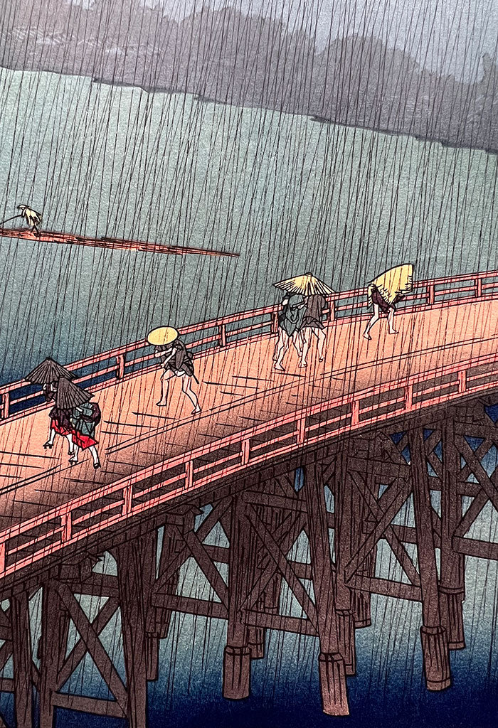 Woodblock print "Sudden shower over O-hashi bridge" by HIROSHIGE Published by UNSODO