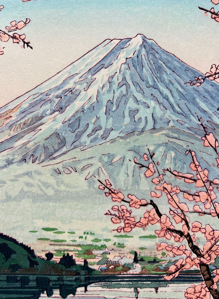 Woodblock print "Mt. Fuji over Kawaguchi lake" by Okada Koichi Published by UNSODO