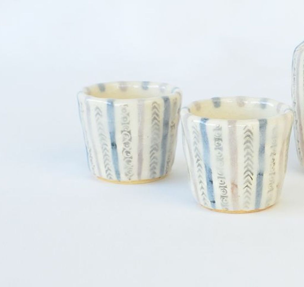 Kiyomizu Ware Sake Decanter & Cups Set "Shino Tokusa"