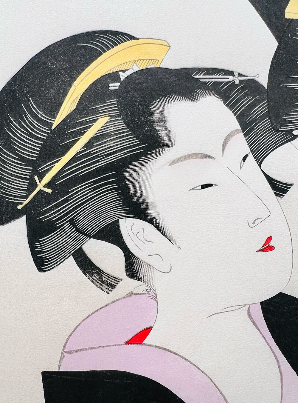 Woodblock print "Seven Women Applying Make-up Using a Mirror" by Utamaro published by Uchida art