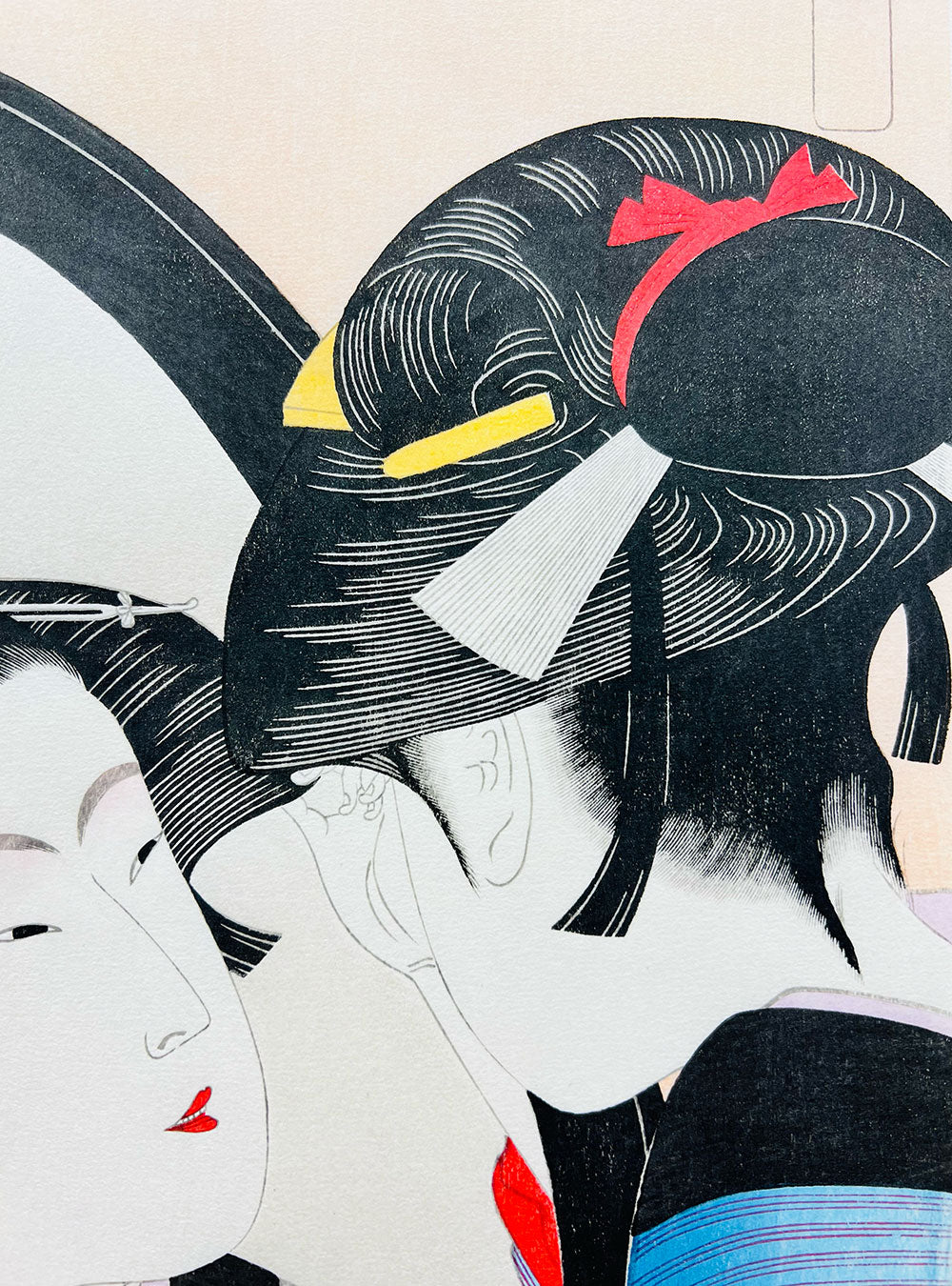 Woodblock print "Seven Women Applying Make-up Using a Mirror" by Utamaro published by Uchida art