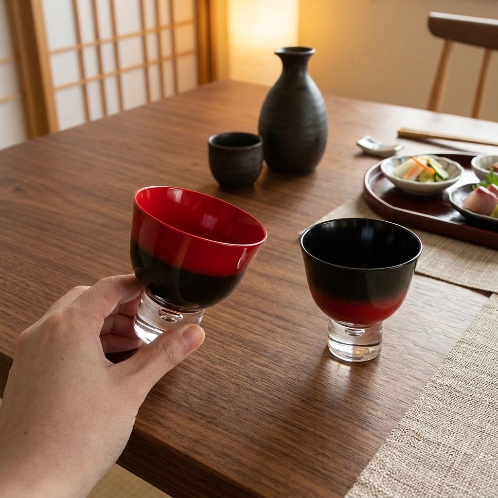 Aizu Lacquerware Maki-e Glass Blurring Sake Cup Pair set