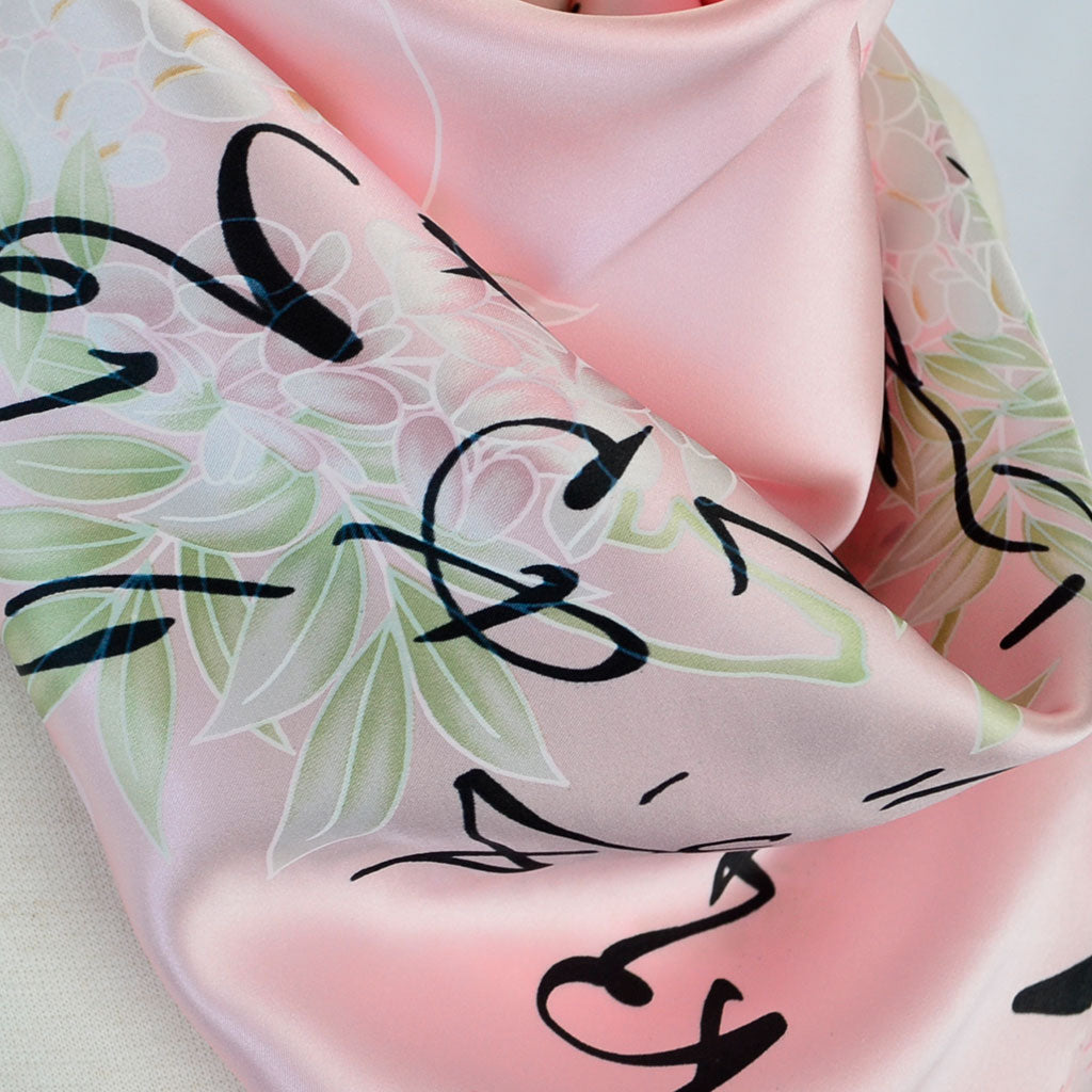 Silk scarf square "Wisteria and Japanese alphabet"