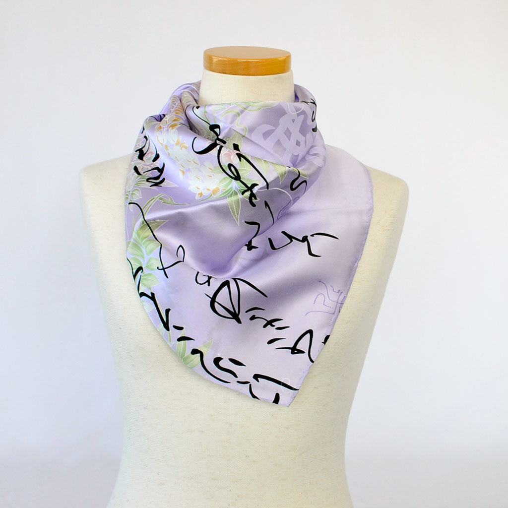 Silk scarf square "Wisteria and Japanese alphabet"