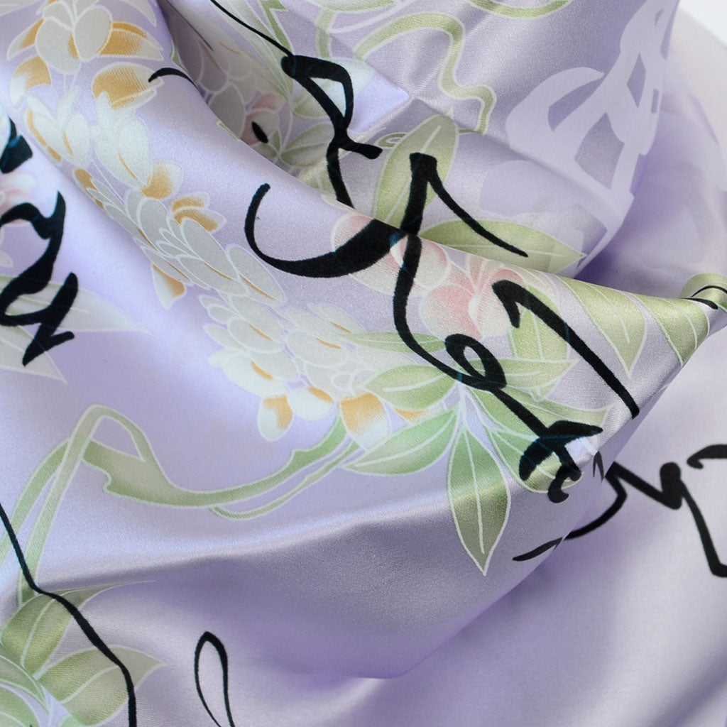 Silk scarf square "Wisteria and Japanese alphabet"