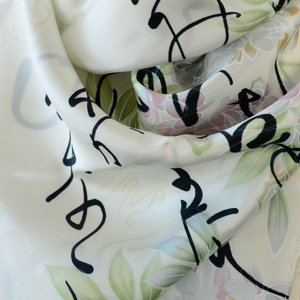Silk scarf square "Wisteria and Japanese alphabet"
