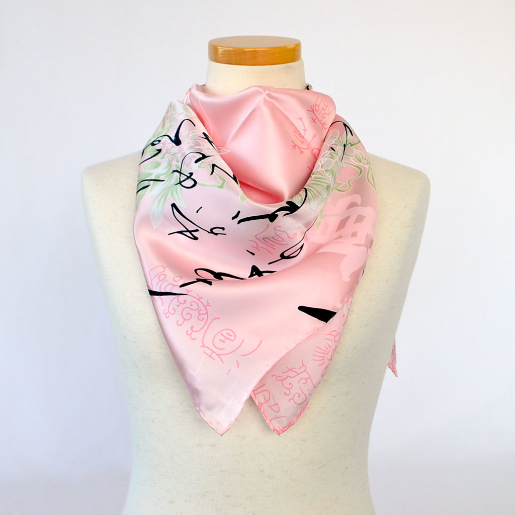 Silk scarf square "Wisteria and Japanese alphabet"