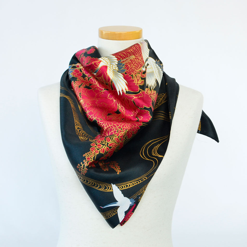 Silk scarf square "Gold crane"