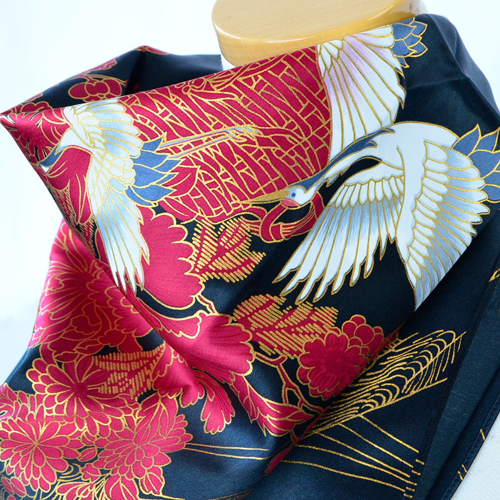 Silk scarf square "Gold crane"