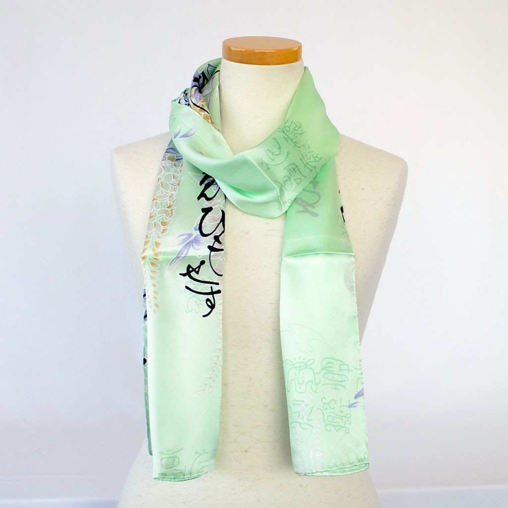 Silk scarf long "Wisteria and Japanese alphabet"