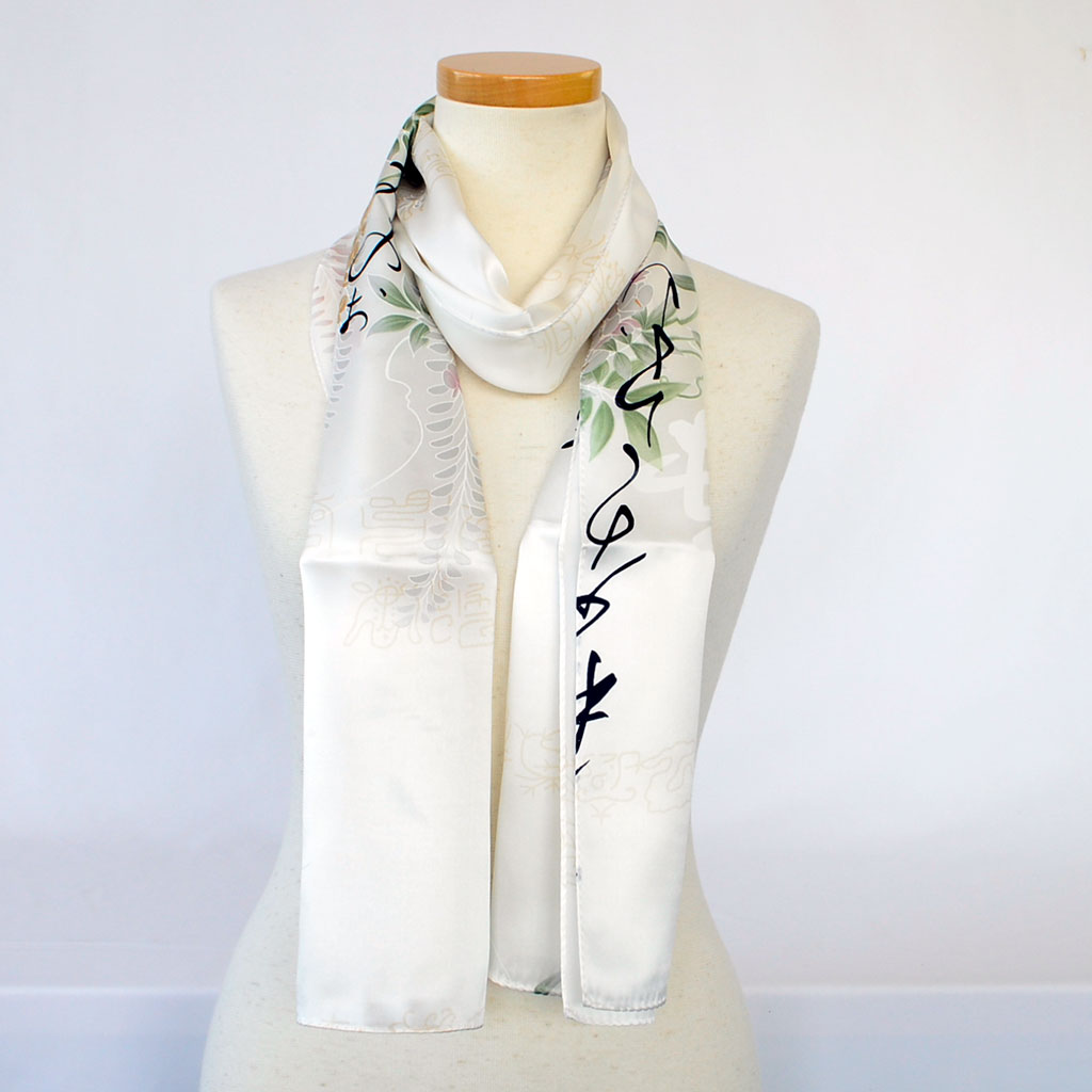 Silk scarf long "Wisteria and Japanese alphabet"
