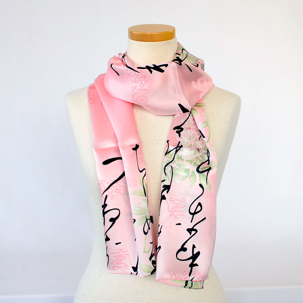Silk scarf long "Wisteria and Japanese alphabet"