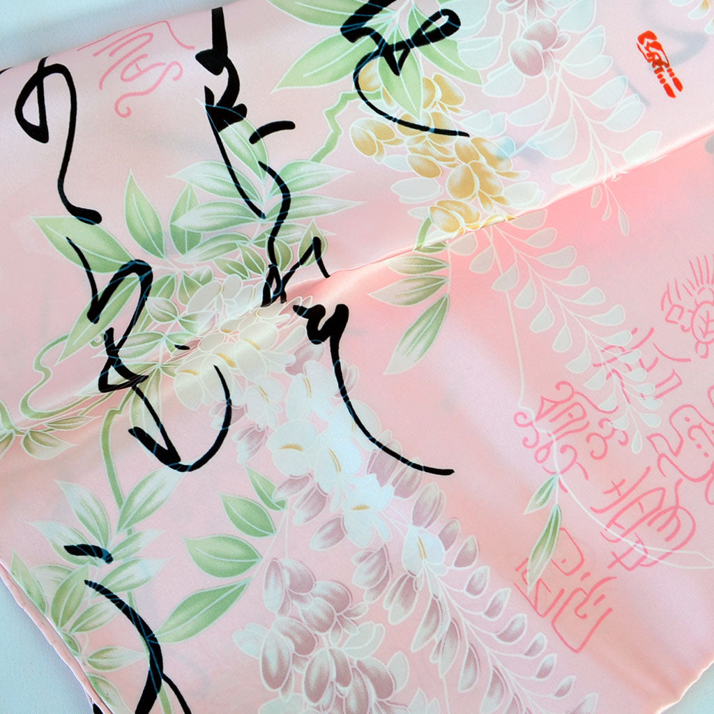 Silk scarf long "Wisteria and Japanese alphabet"
