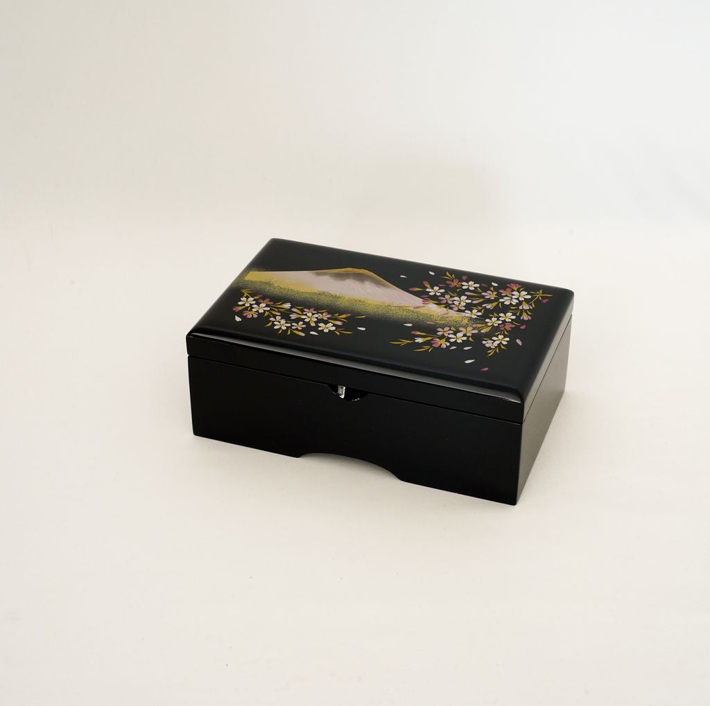 Lacquerware Music box "Mt. Fuji & cherry blossoms" Square Size 6.5
