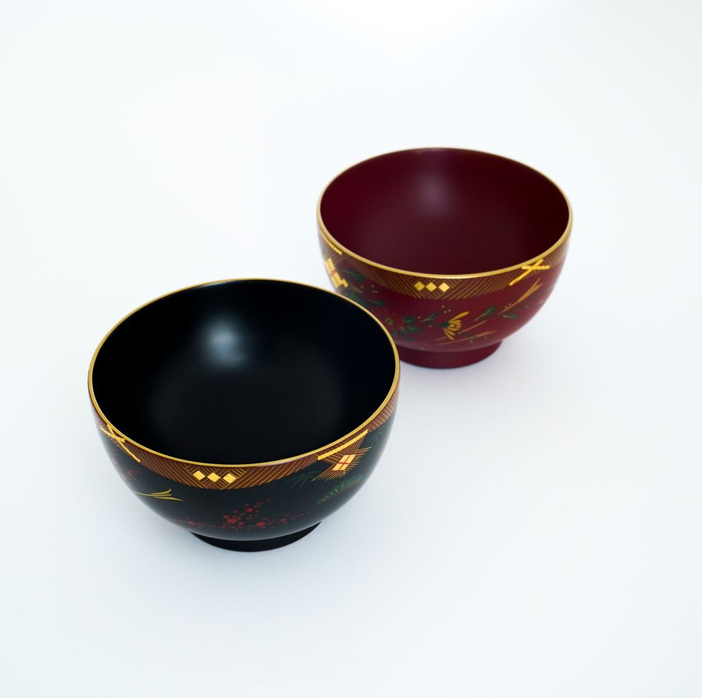 Lacquerware Bowl Set of 2p Traditional Aizu paint "Pine, bamboo and plum" Hand painting