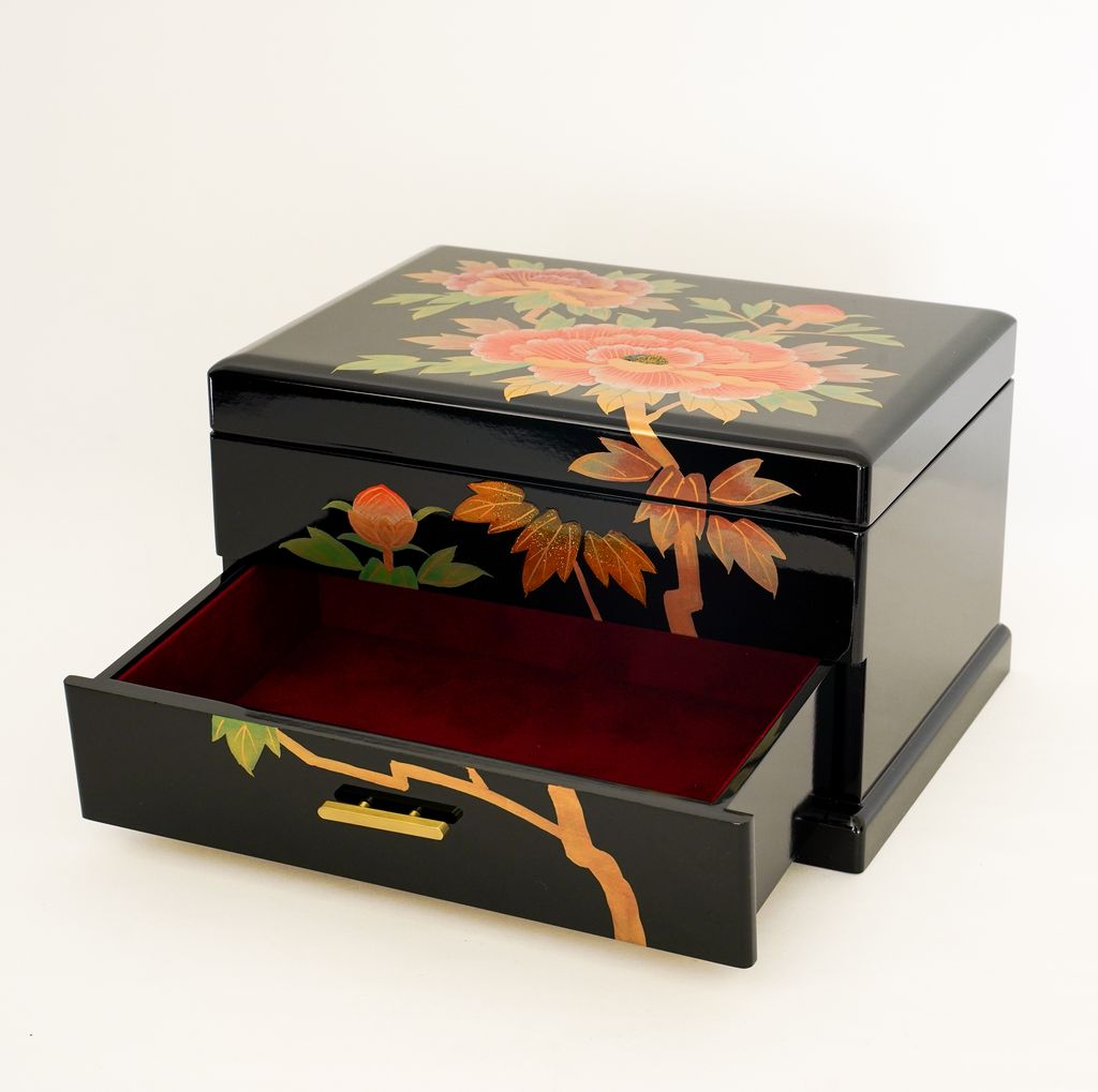 Lacquerware Music box "Peony" with drawer Size 9.0 Botan