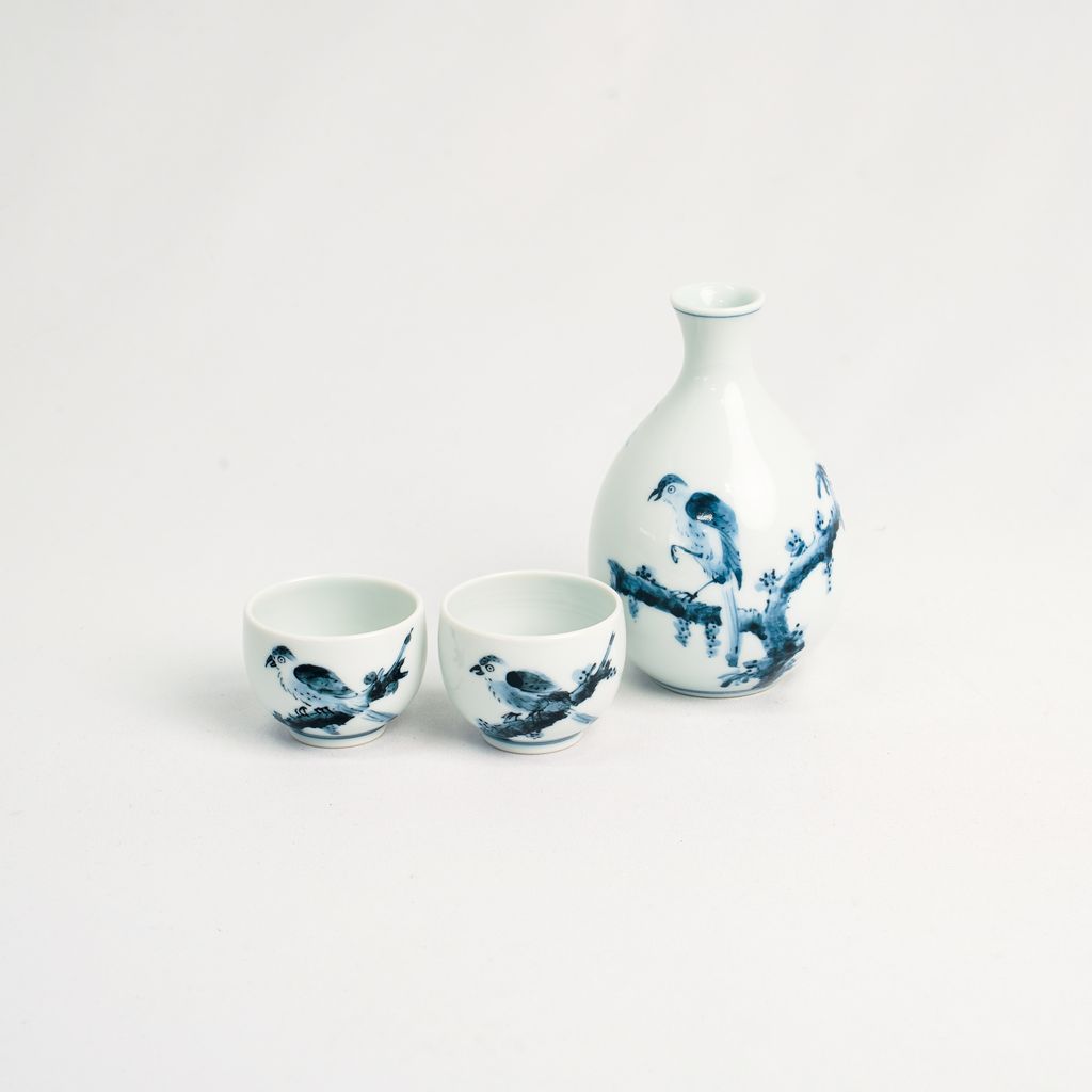 Arita Ware Sake Decanter and Cups Set "A Hawk on a Plum Branch"