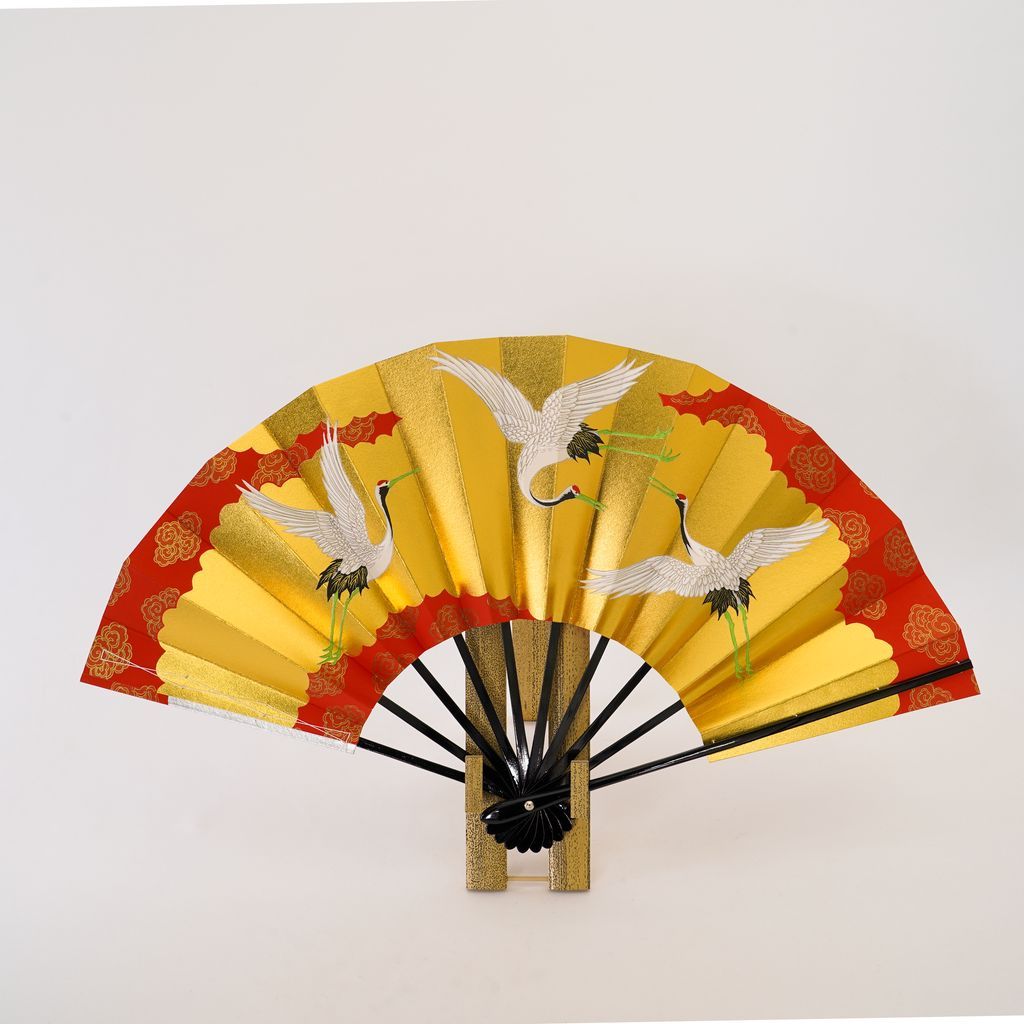 Decorative Folding Fan "Triple Cranes" with stand Size 9.5 No.514