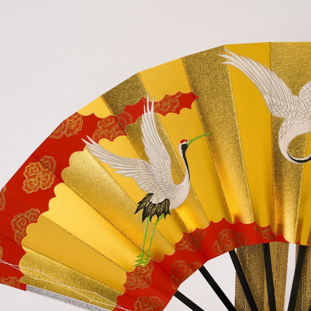 Decorative Folding Fan "Triple Cranes" with stand Size 9.5 No.514